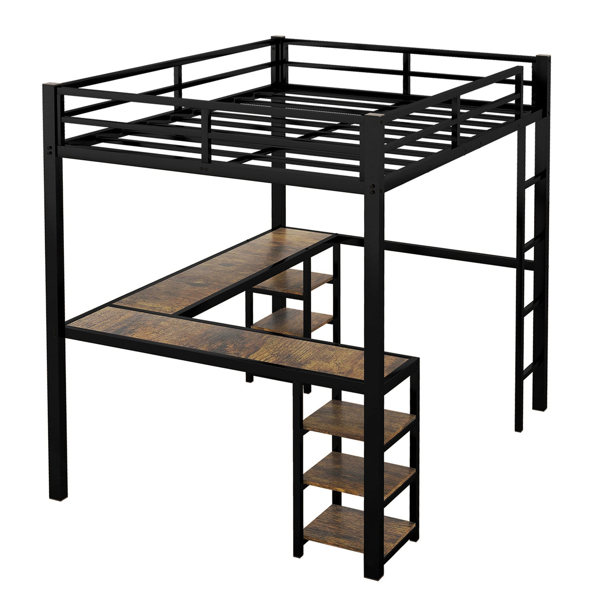 Metal Loft Bed with Desk and Shelves for Small Rooms