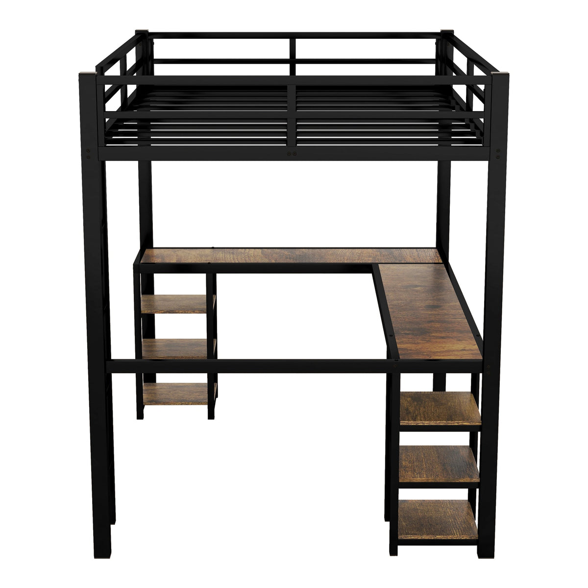 Black Full Size Metal Loft Bed with Desk and Shelf