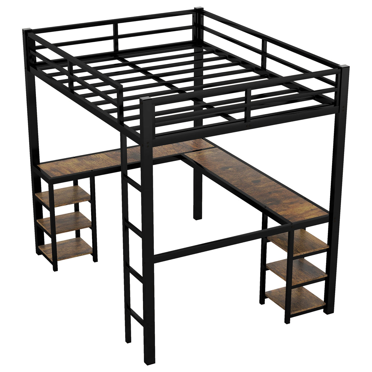 Black Full Size Metal Loft Bed with Desk and Shelf