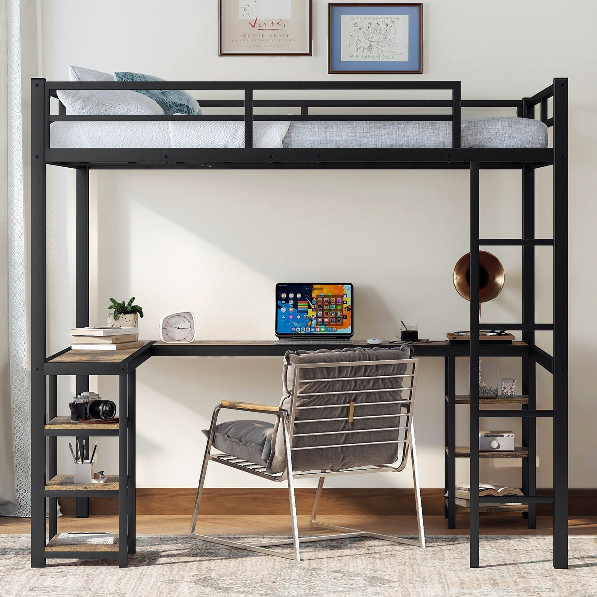 Metal Loft Bed with Desk and Shelves for Small Rooms