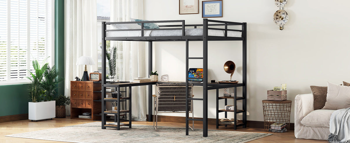 Metal Loft Bed with Desk and Shelves for Small Rooms