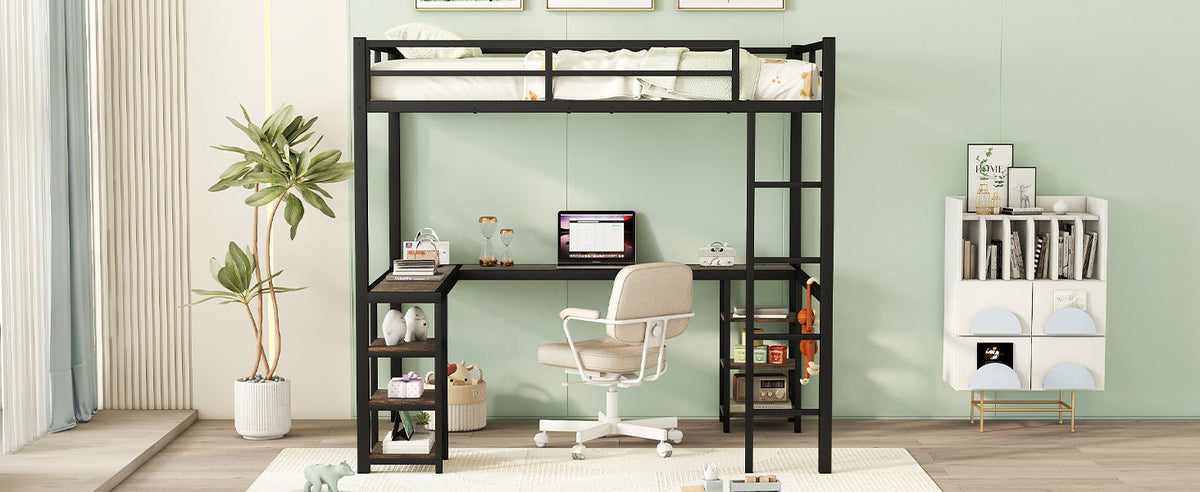 Metal Loft Bed with Desk and Shelves for Small Rooms
