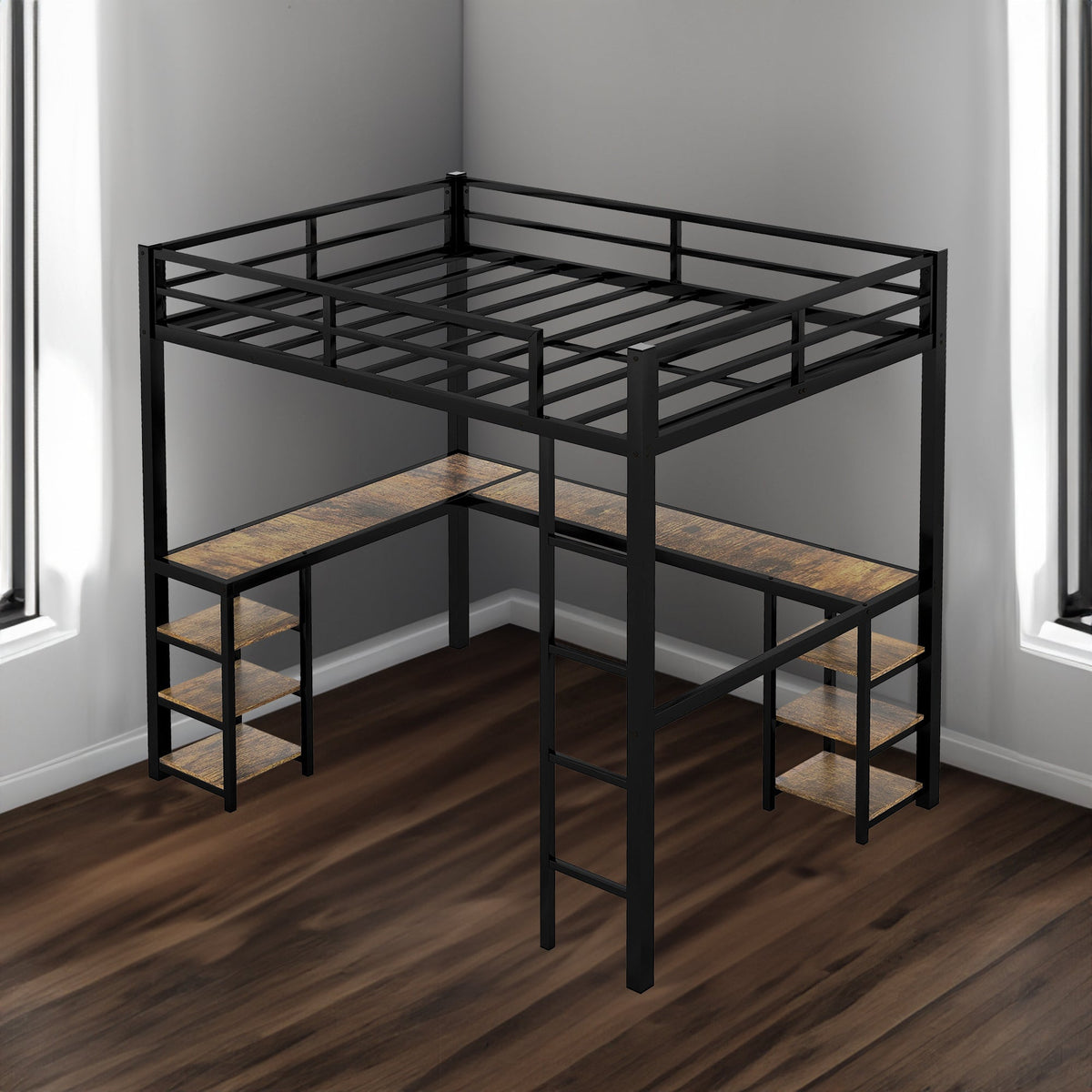 Metal Loft Bed with Desk and Shelves for Small Rooms