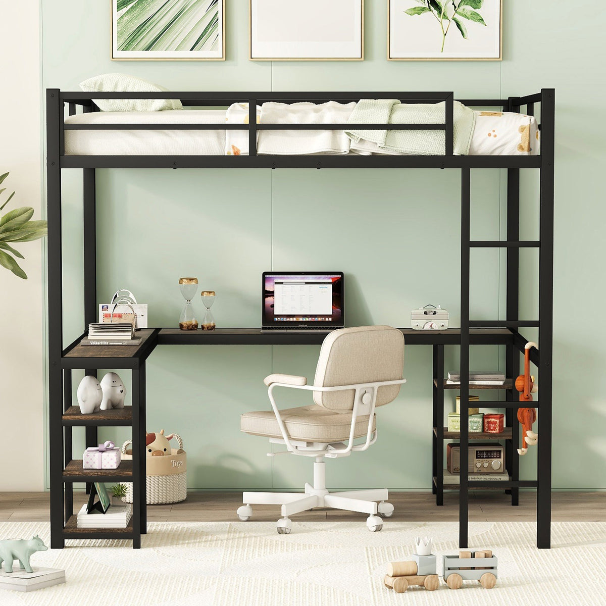 Metal Loft Bed with Desk and Shelves for Small Rooms