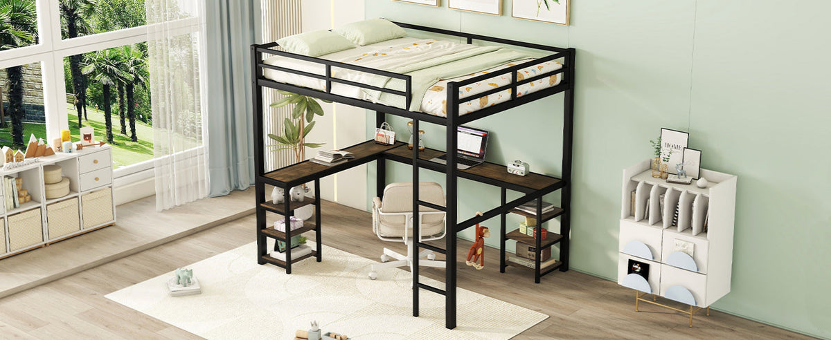 Metal Loft Bed with Desk and Shelves for Small Rooms