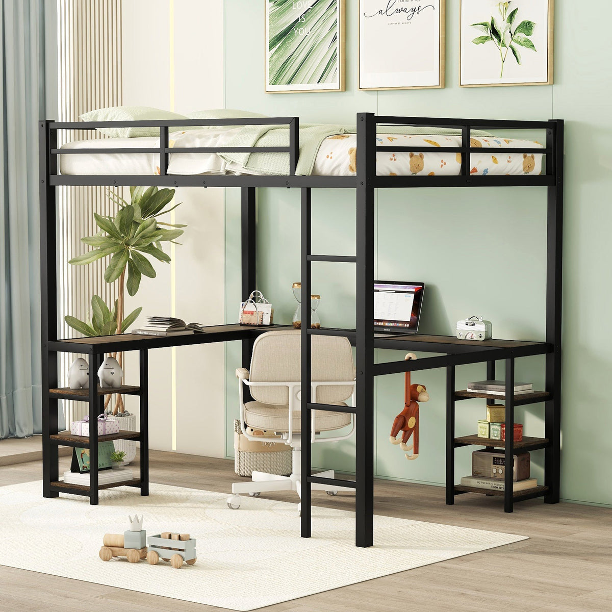 Metal Loft Bed with Desk and Shelves for Small Rooms