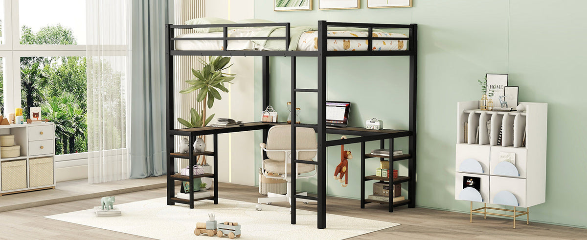 Metal Loft Bed with Desk and Shelves for Small Rooms