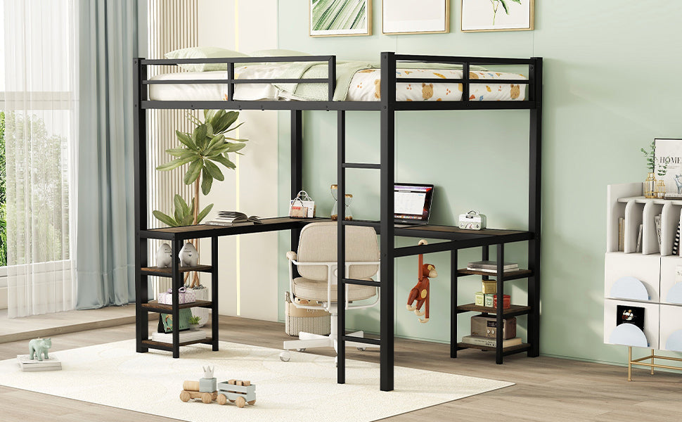 Metal Loft Bed with Desk and Shelves for Small Rooms