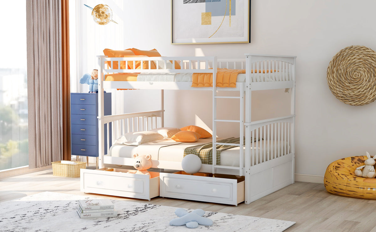 Full Over Full Bunk Bed With Drawers, White Wood