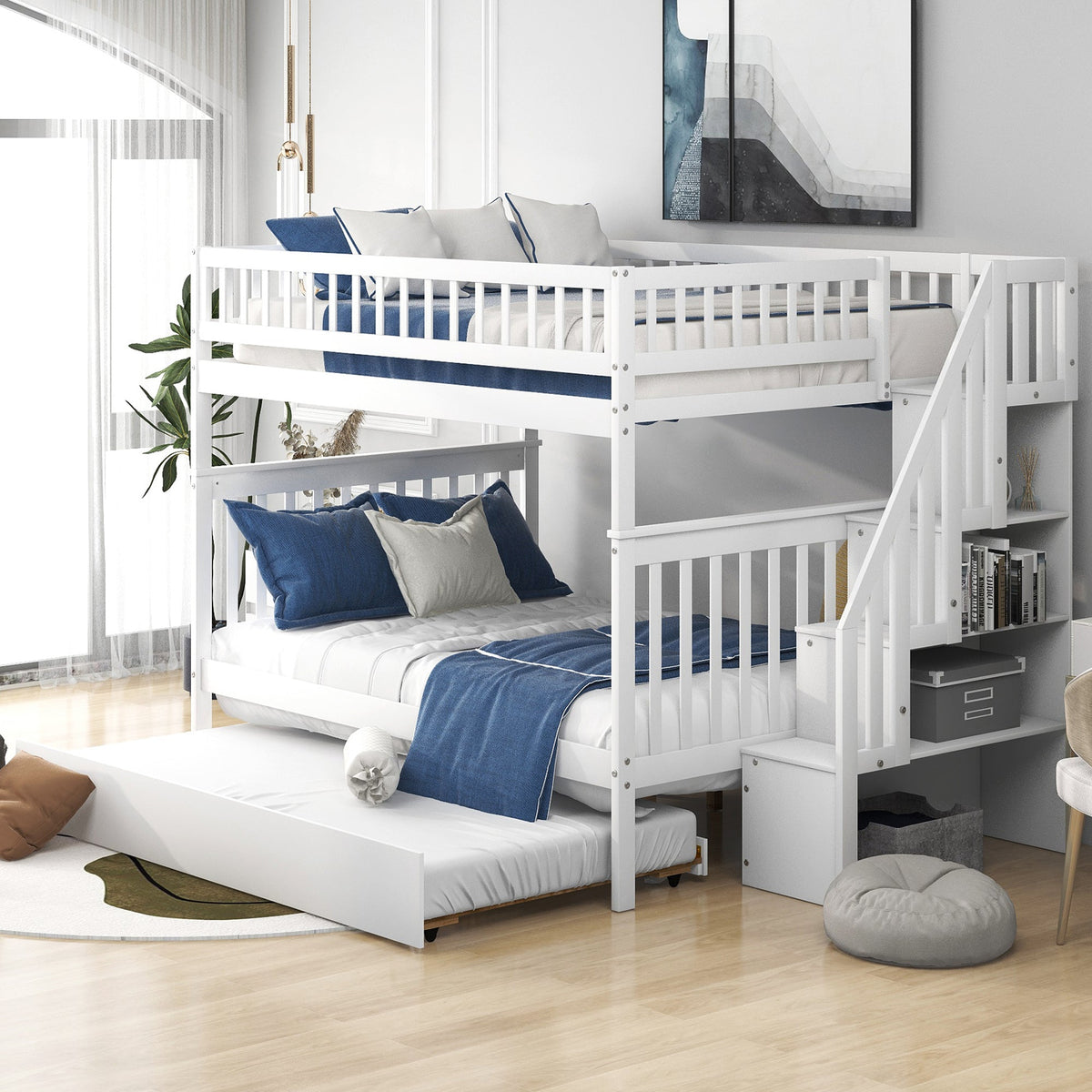 Full Over Full Bunk Bed with Trundle and Stairs