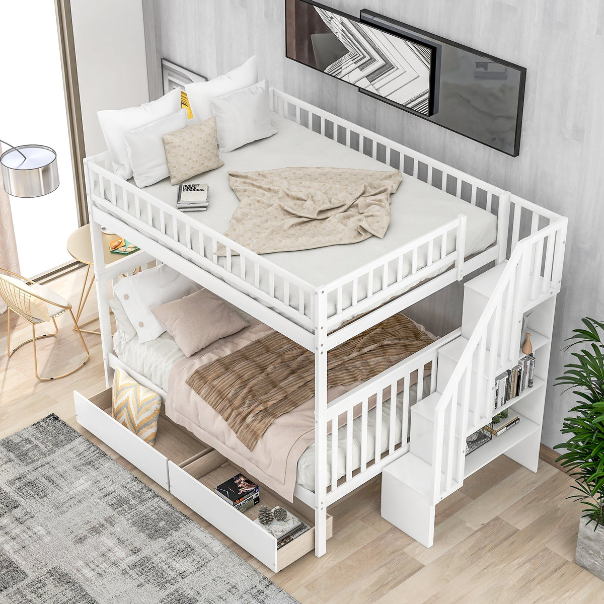 Full Over Full Bunk Bed with Stair Storage and Drawers