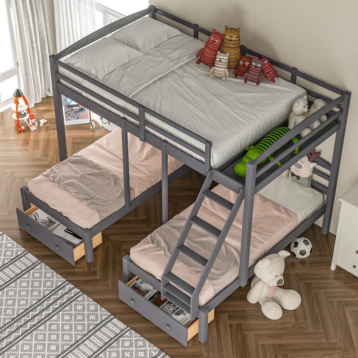 Full Over Twin Bunk Bed with Drawers for Kids