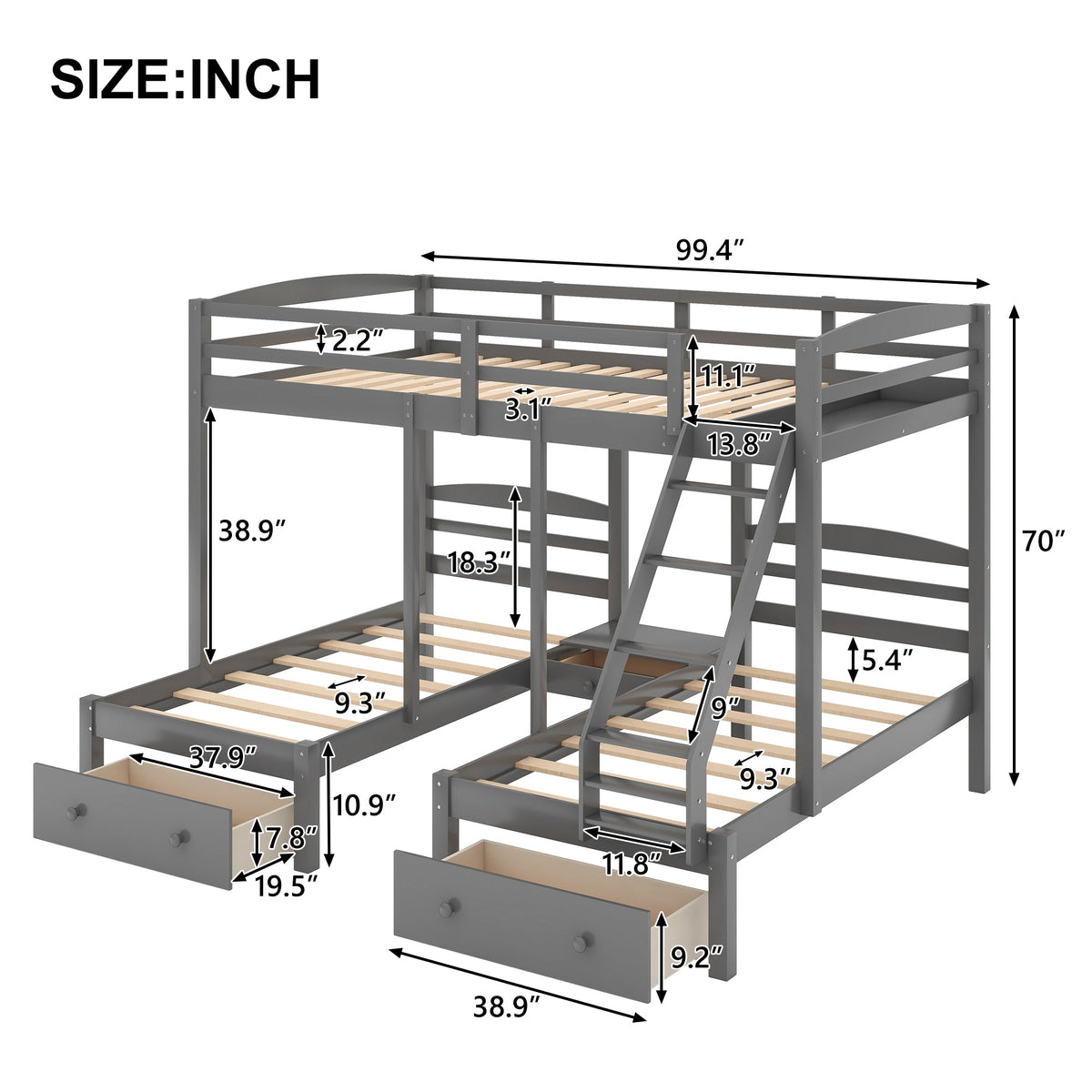 Full Over Twin Bunk Bed with Drawers for Kids