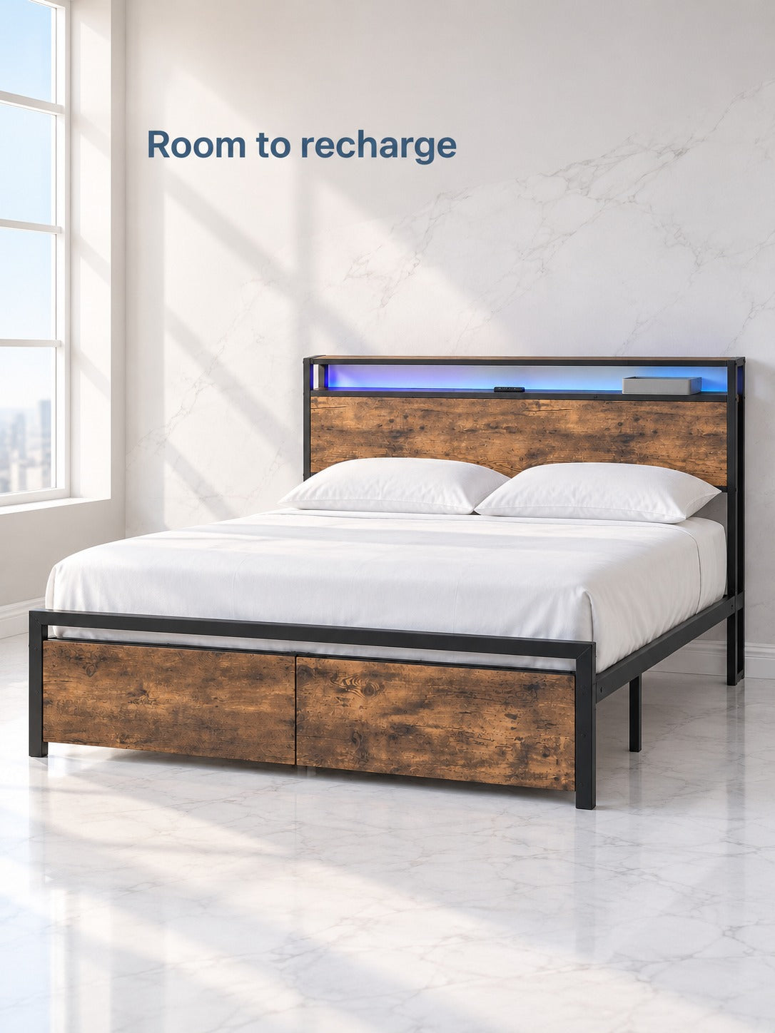 Full Size Bed Frame with Charging Station and LED Lights