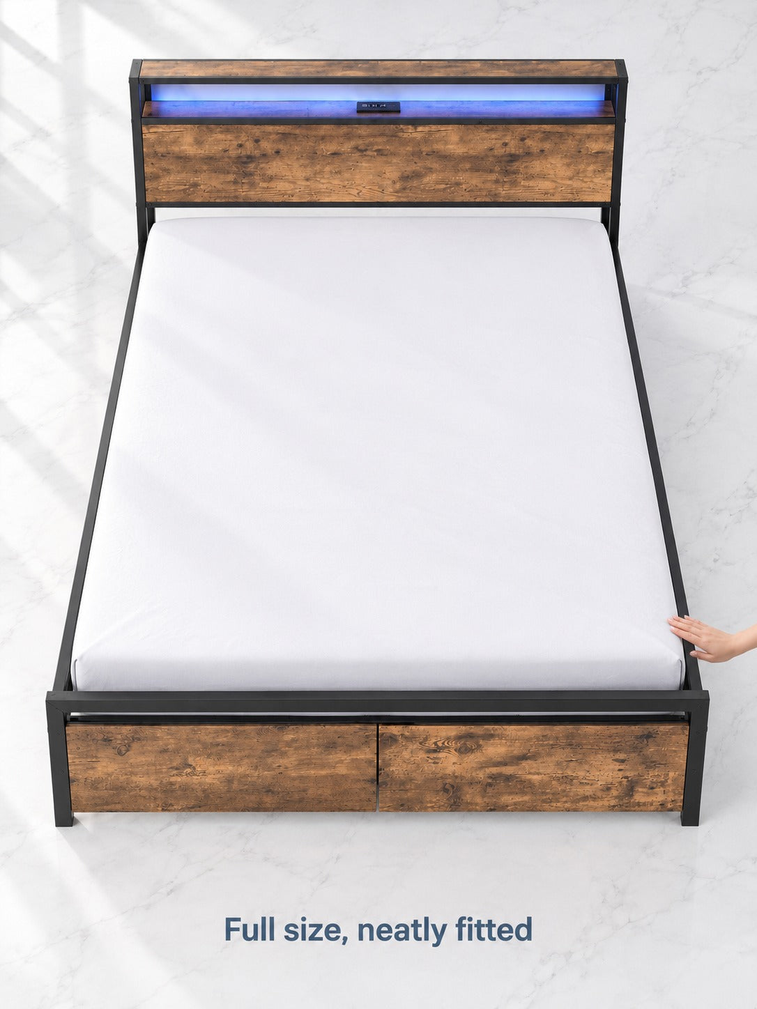 Full Size Bed Frame with Charging Station and LED Lights