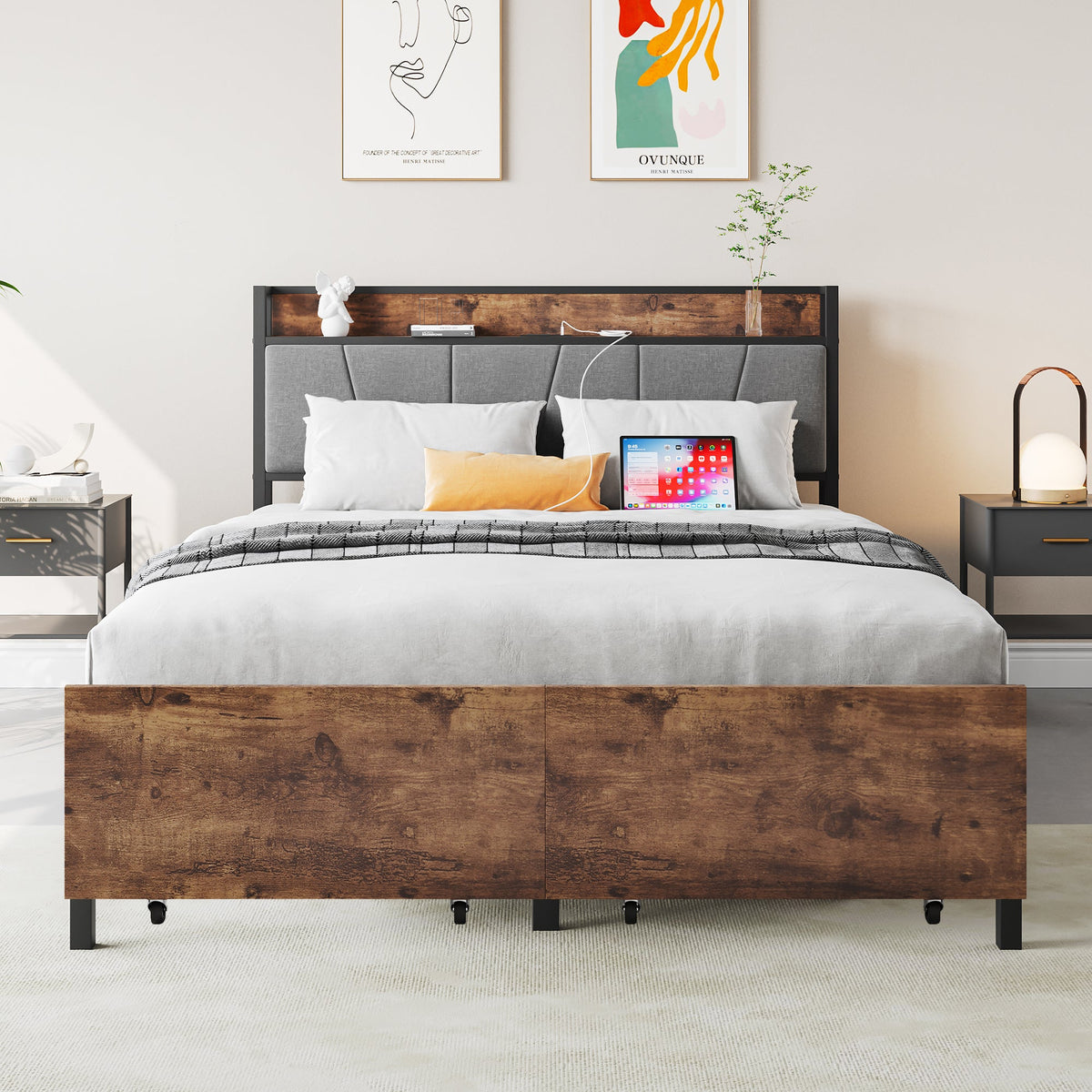 Full Size Storage Bed Frame with Charging Headboard