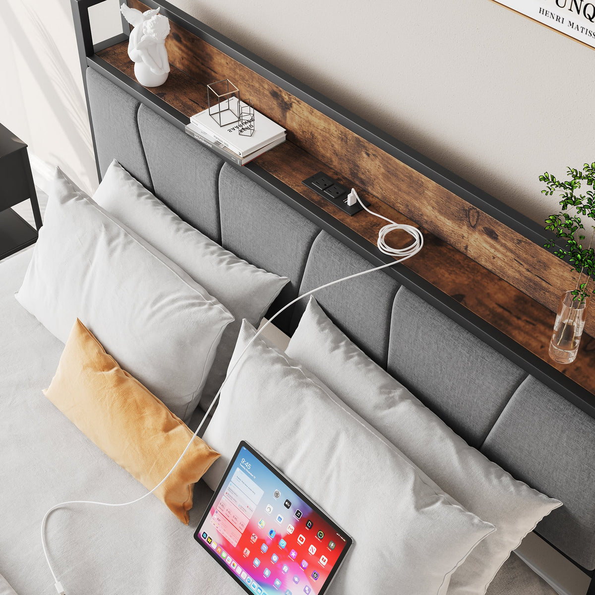 Full Size Storage Bed Frame with Charging Headboard