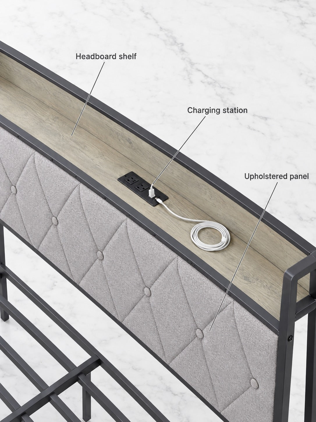 Full Size Bed Frame with Charging Station & Headboard