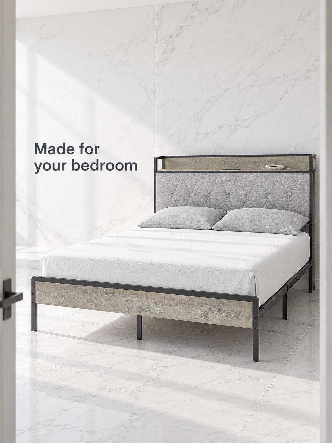 Full Size Bed Frame with Charging Station & Headboard