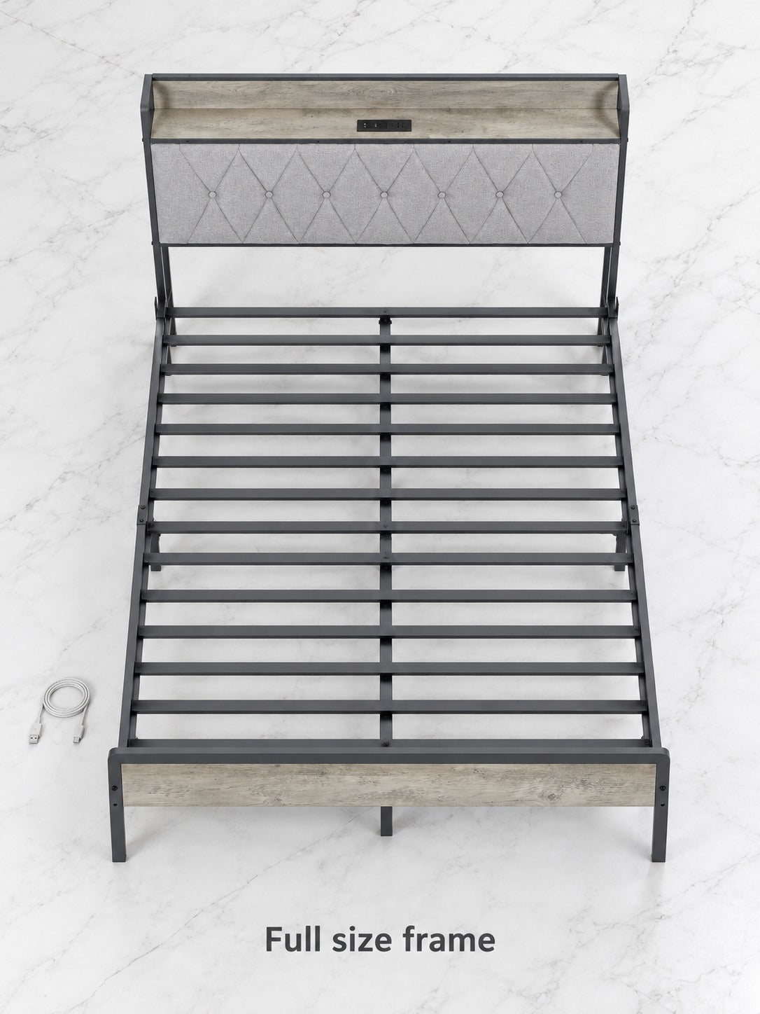 Full Size Bed Frame with Charging Station & Headboard