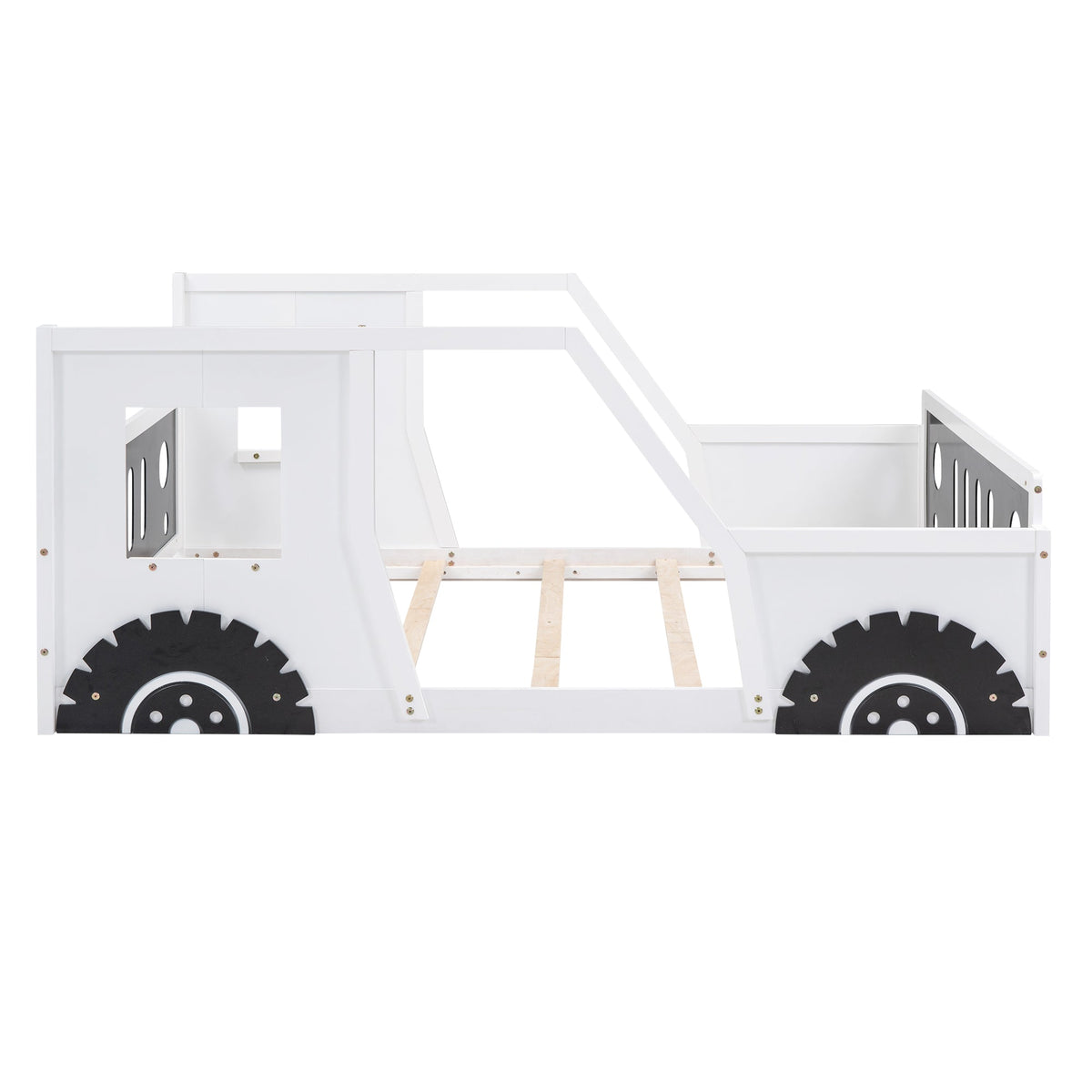 Full Size Kids Car Bed With Wheels, White Wood Frame