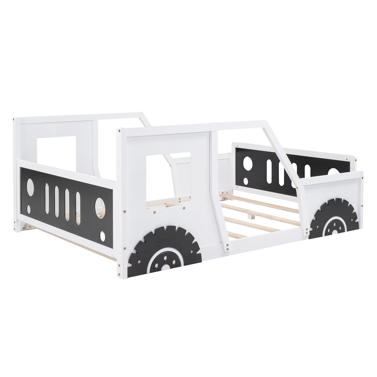 Full Size Kids Car Bed With Wheels, White Wood Frame