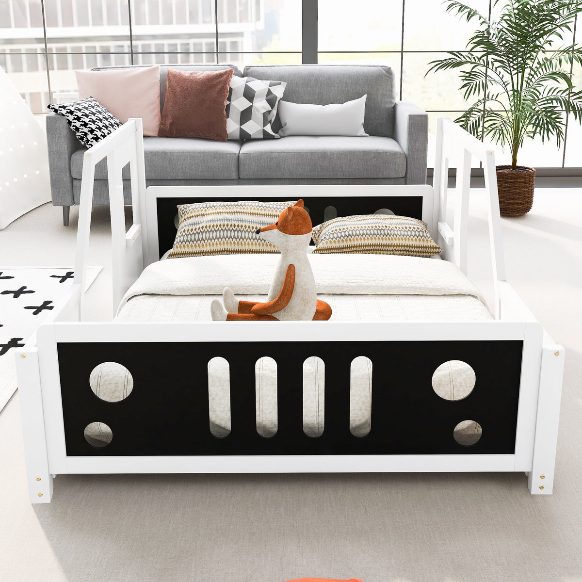 Full Size Kids Car Bed With Wheels, White Wood Frame