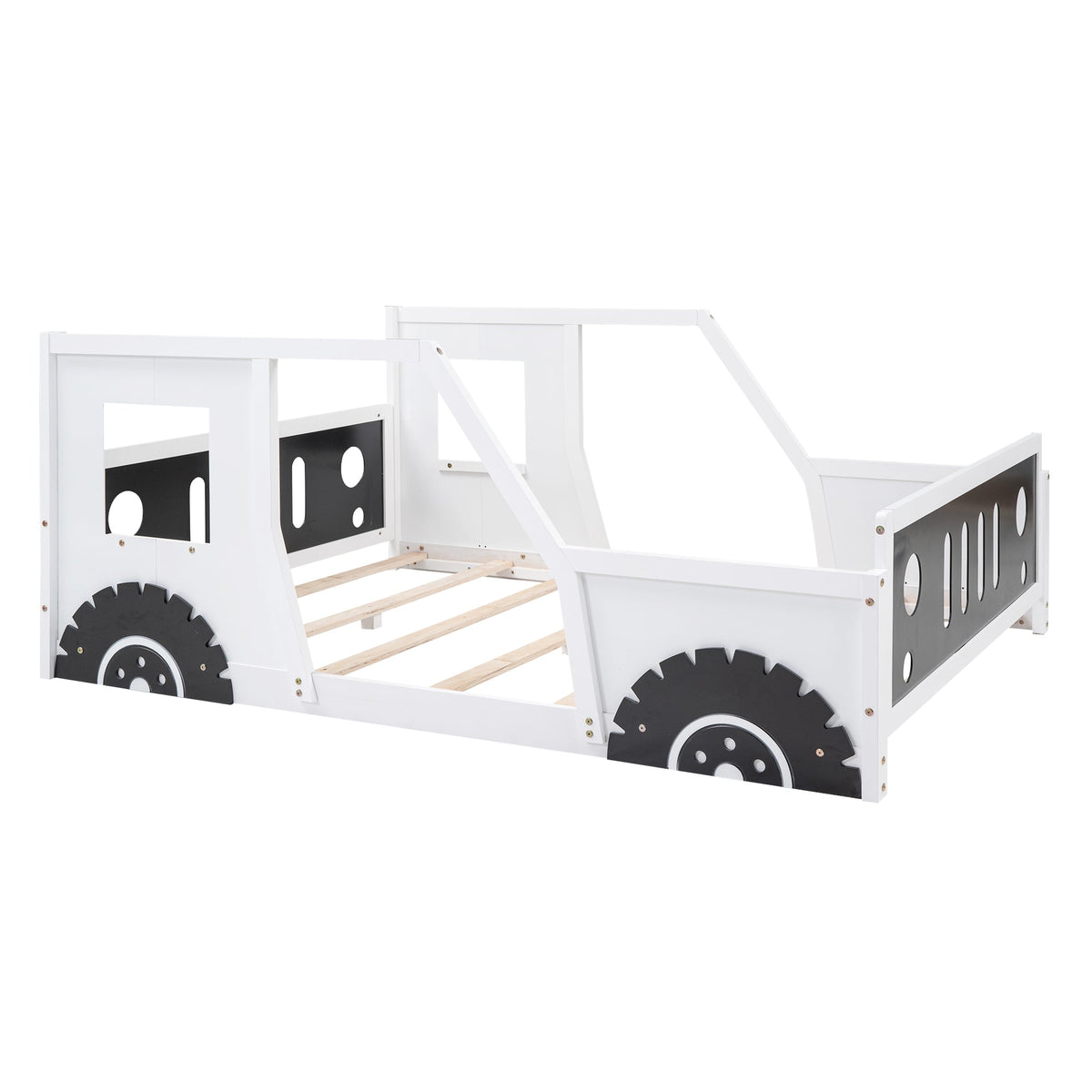 Full Size Kids Car Bed With Wheels, White Wood Frame
