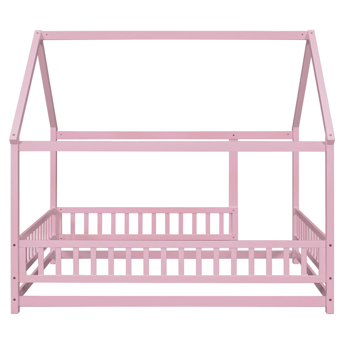 Full Size Pink Wooden House Bed for Kids with Guardrails
