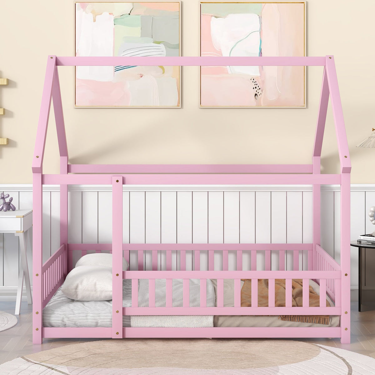 Full Size Pink Wooden House Bed for Kids with Guardrails