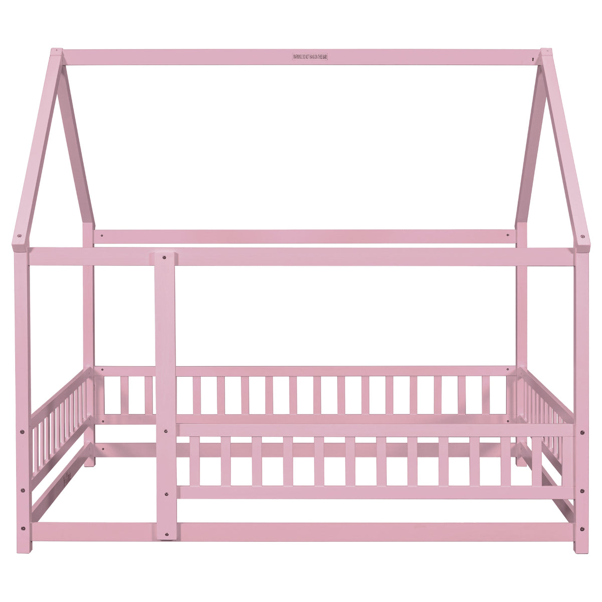 Full Size Pink Wooden House Bed for Kids with Guardrails