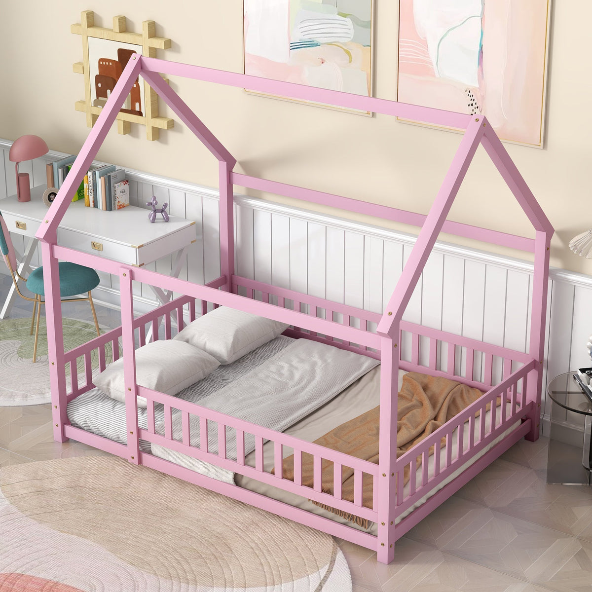 Full Size Pink Wooden House Bed for Kids with Guardrails