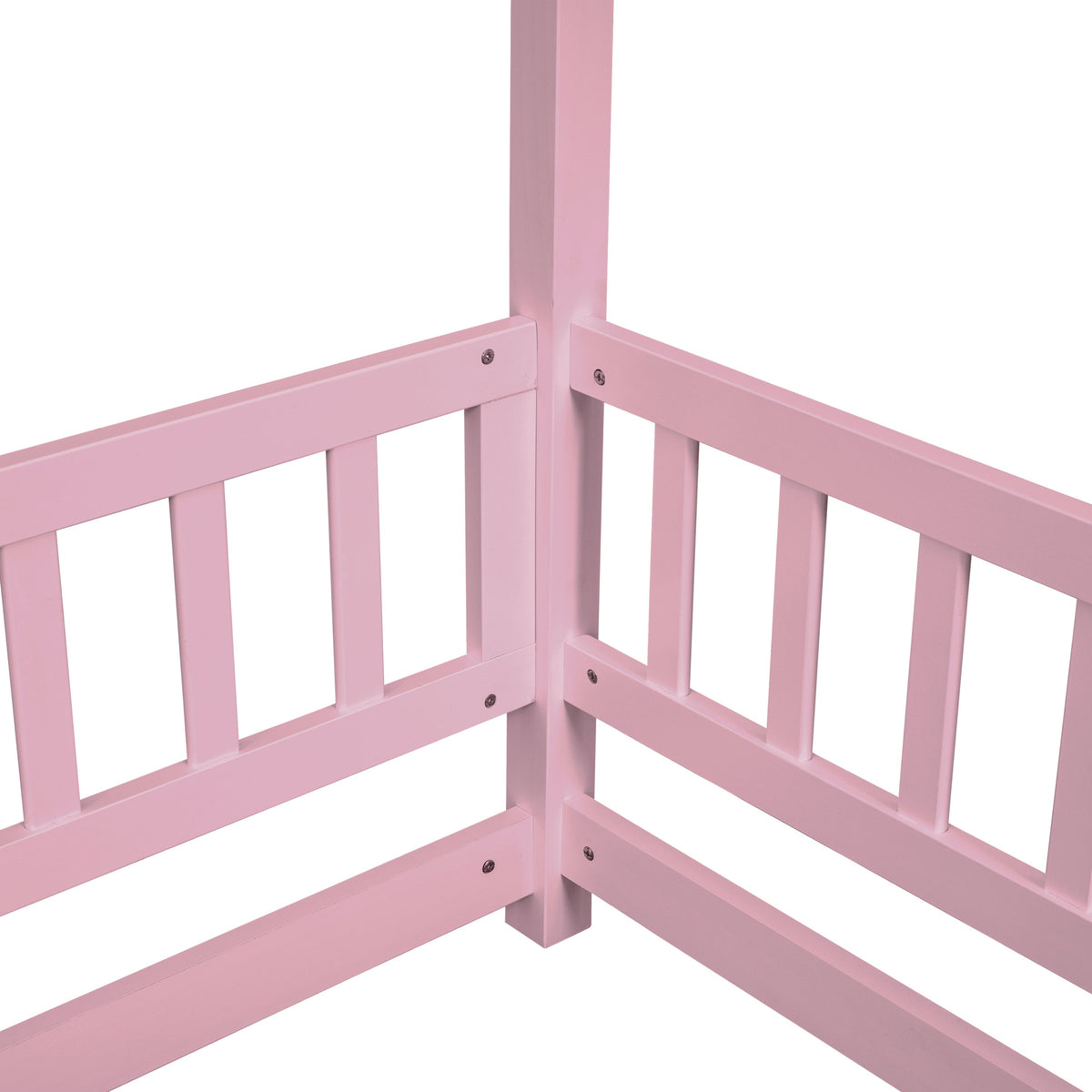 Full Size Pink Wooden House Bed for Kids with Guardrails