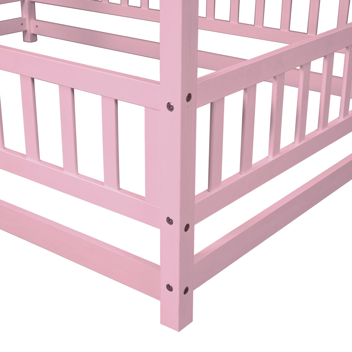 Full Size Pink Wooden House Bed for Kids with Guardrails