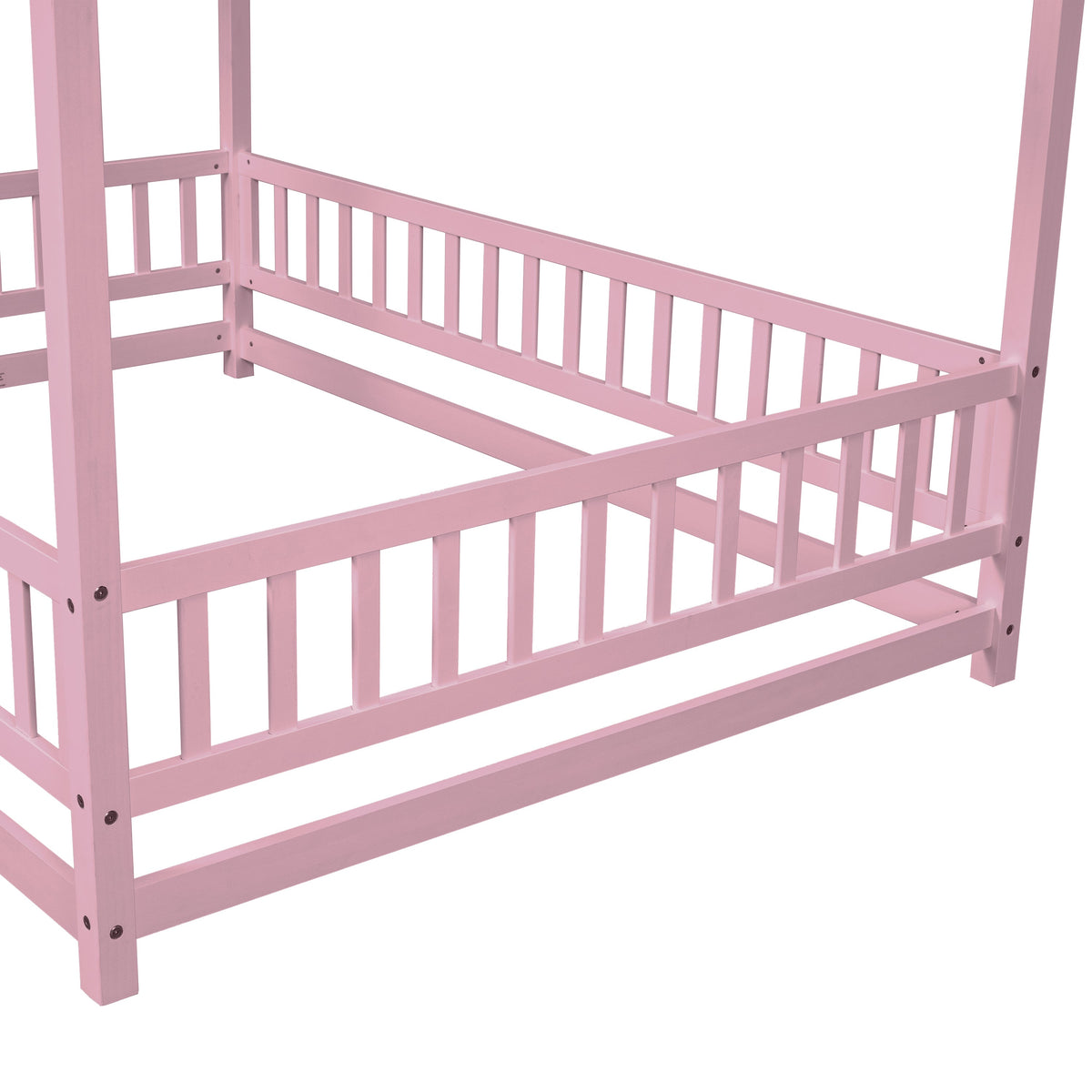 Full Size Pink Wooden House Bed for Kids with Guardrails