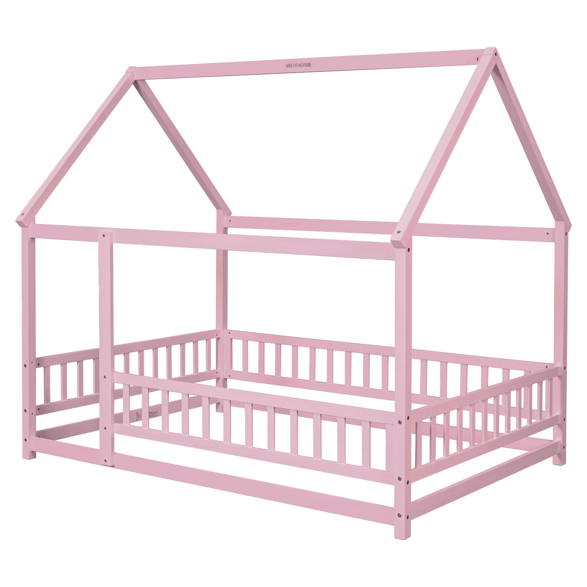Full Size Pink Wooden House Bed for Kids with Guardrails