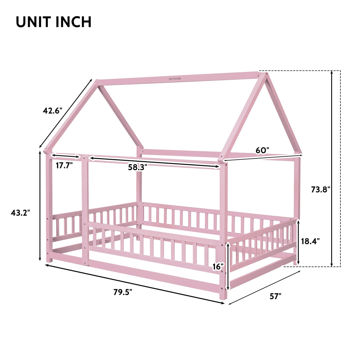 Full Size Pink Wooden House Bed for Kids with Guardrails