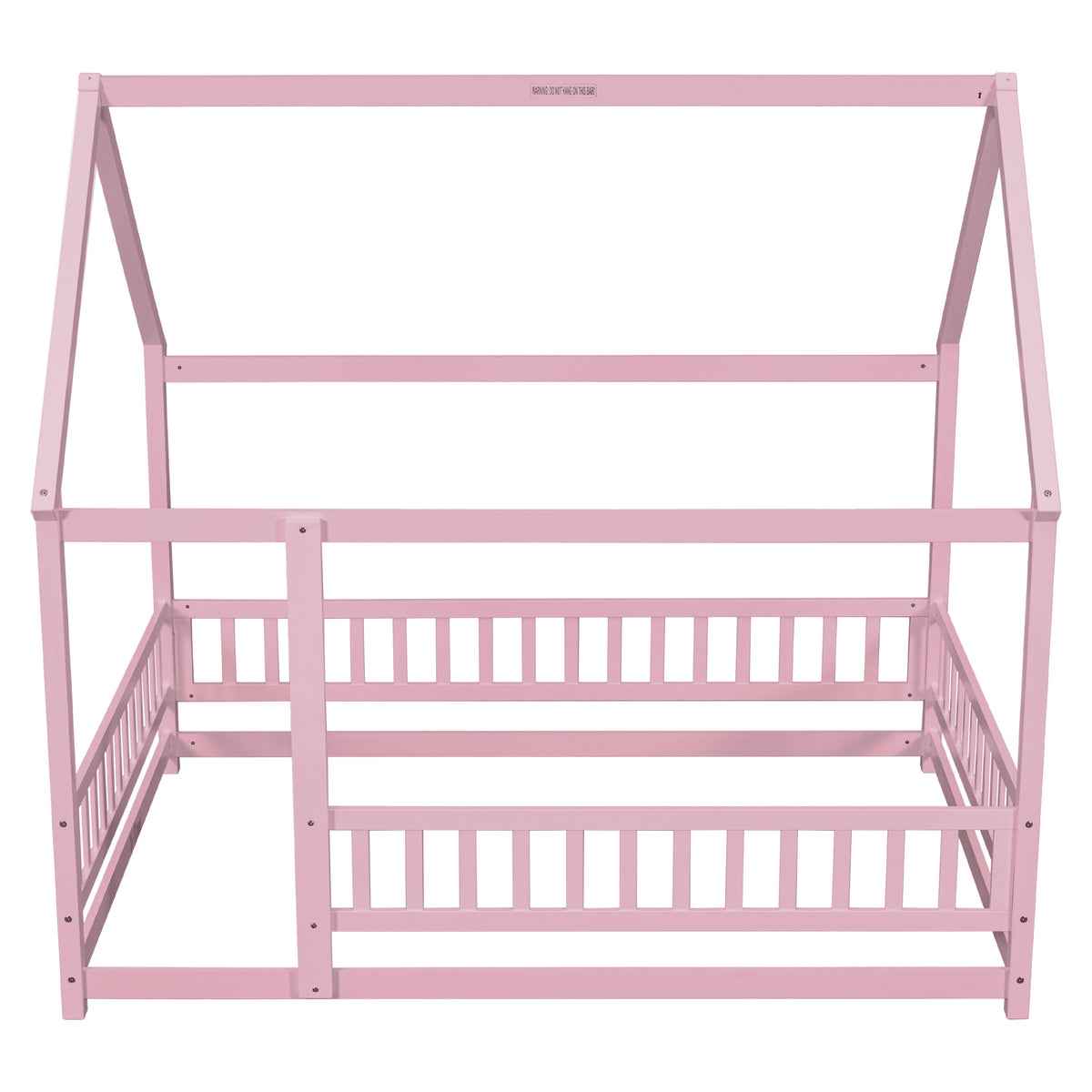 Full Size Pink Wooden House Bed for Kids with Guardrails
