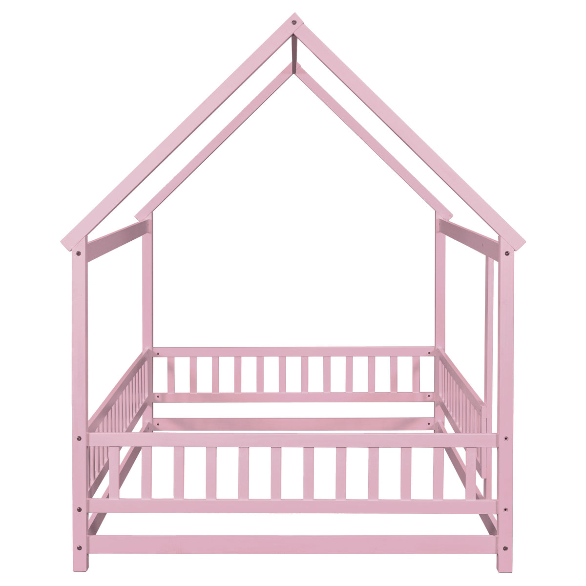 Full Size Pink Wooden House Bed for Kids with Guardrails