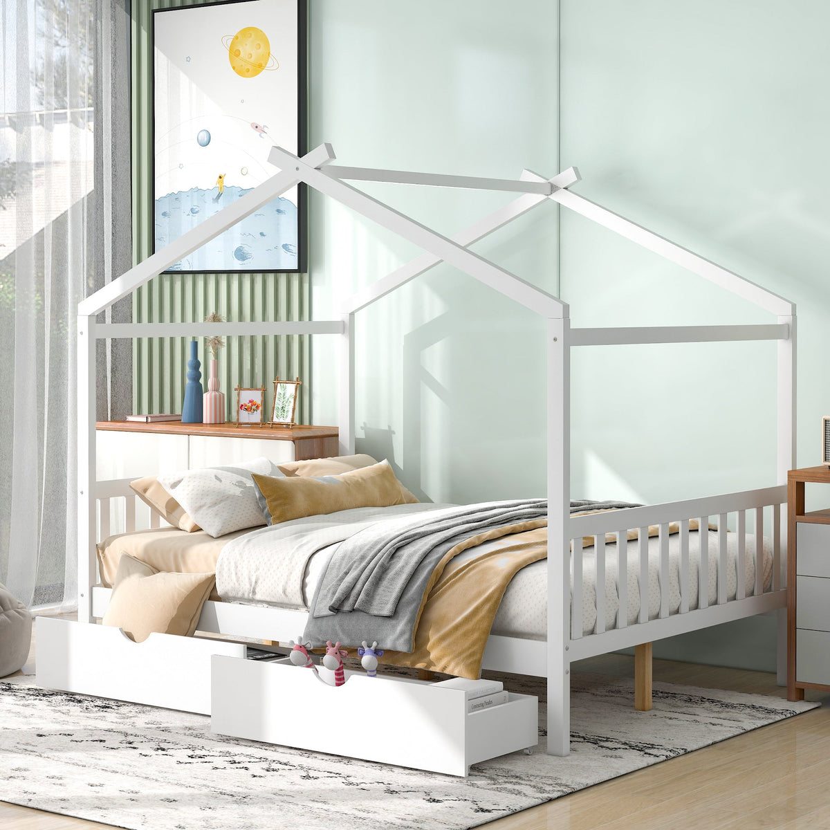 Full Size House Bed Frame with Two Under-Bed Drawers