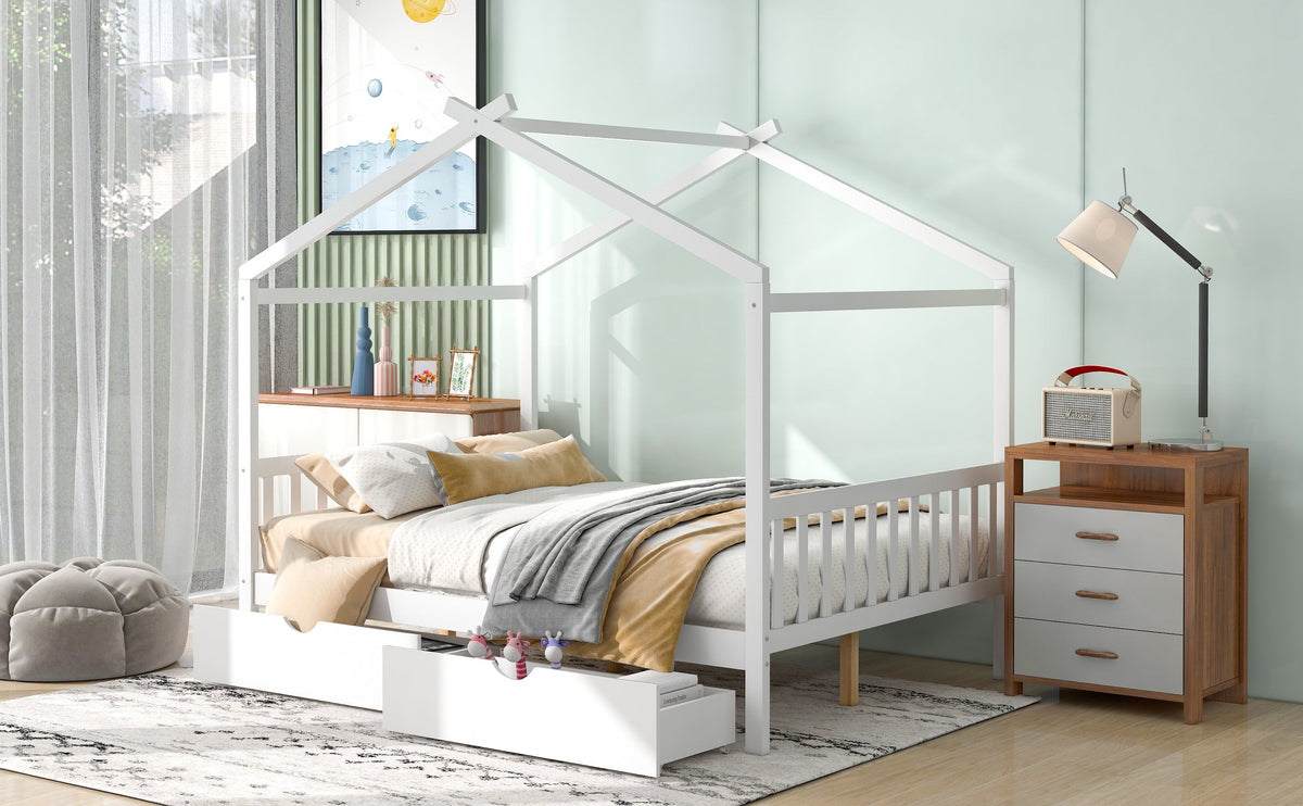 Full Size House Bed Frame with Two Under-Bed Drawers