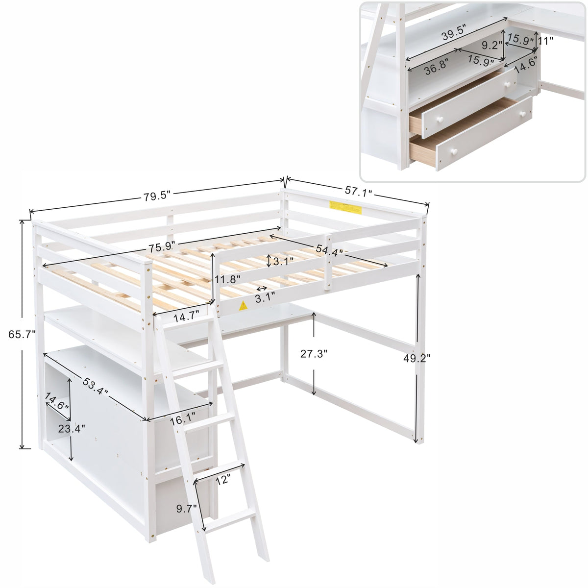 Full Size Loft Bed with Desk and Built-In Drawers