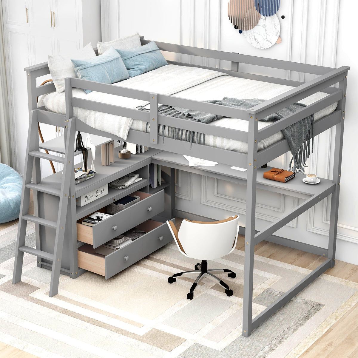 Full Size Loft Bed with Desk and Two Drawers in Gray