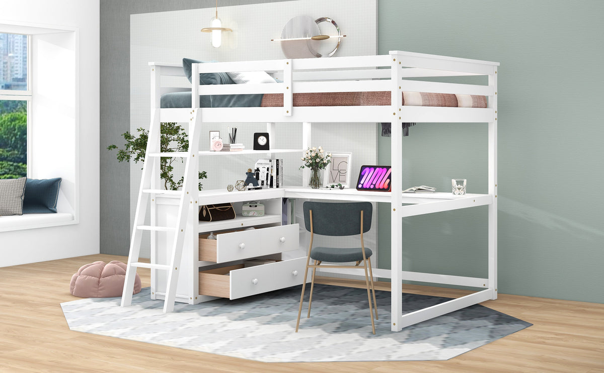 Full Size Loft Bed with Desk and Built-In Drawers