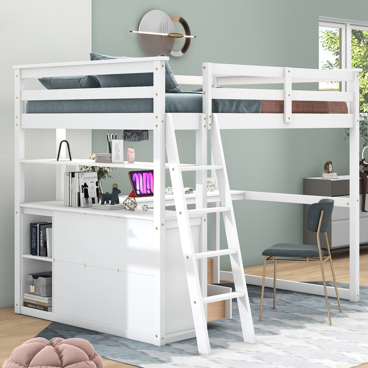 Full Size Loft Bed with Desk and Built-In Drawers