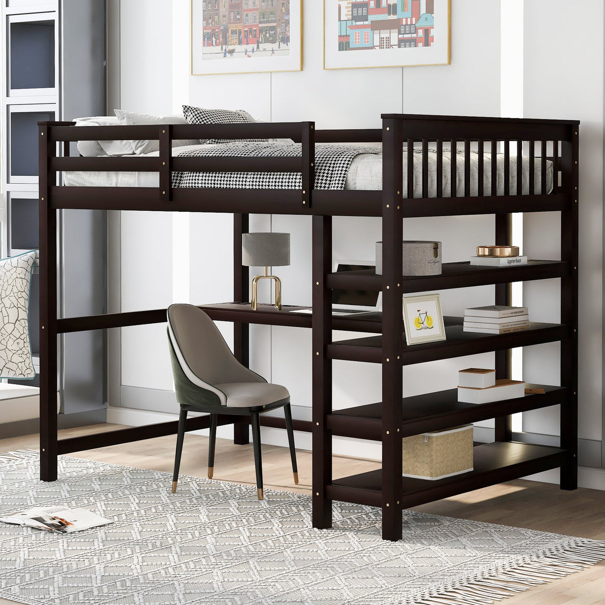 Full Size Loft Bed with Under-Bed Desk and Shelves