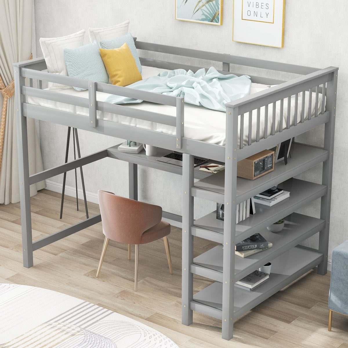 Full Size Loft Bed with Desk and Storage Shelves