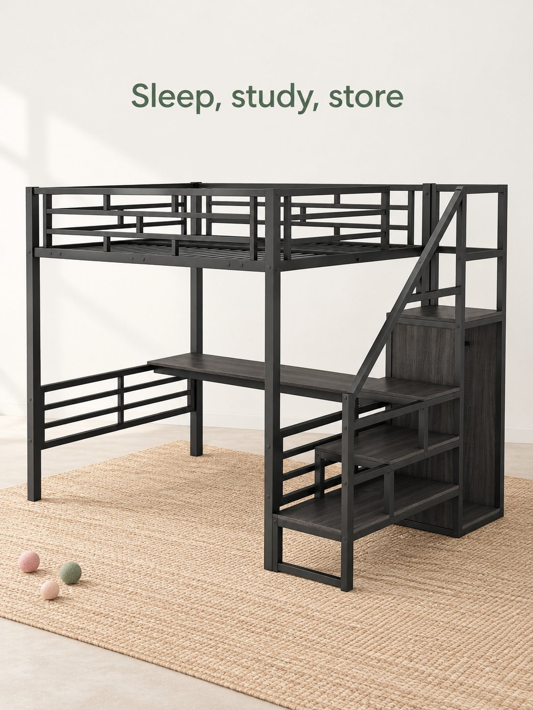 Full Size Metal Loft Bed with Desk and Storage Stairs