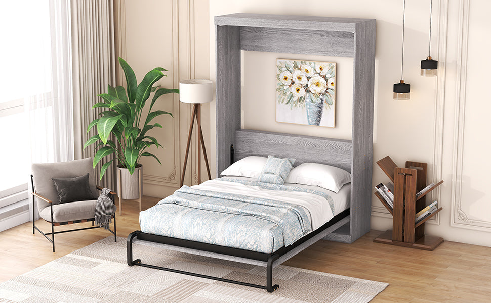 Full Size Murphy Bed Cabinet, Fold-Away Grey Wardrobe