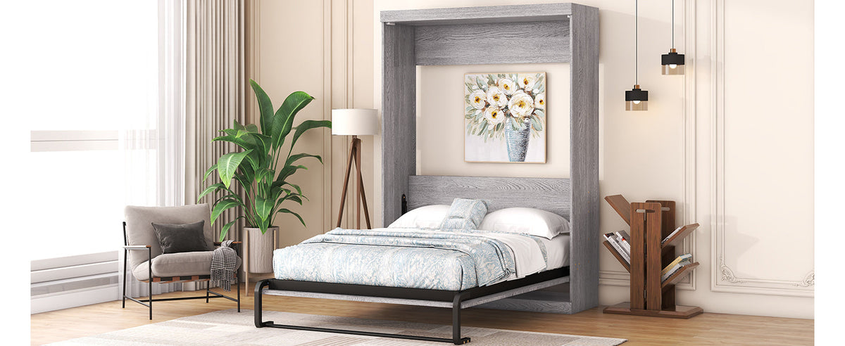Full Size Murphy Bed Cabinet, Fold-Away Grey Wardrobe